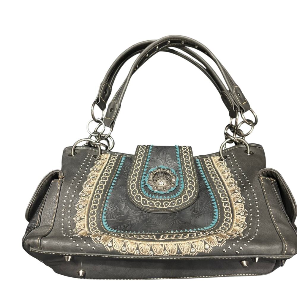 Montana West Western Handbag Black Turquoise Tooled Studded Concho Purse